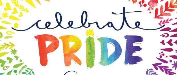 Colourful illustration that says celebrate PRIDE