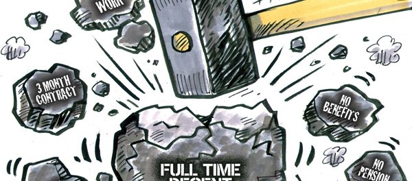 cartoon of sledge hammer hitting coal with "full time decent jobs" written on it