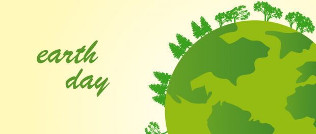 An illustration of a green earth with trees growing along the perimeter. The words earth day are also present.