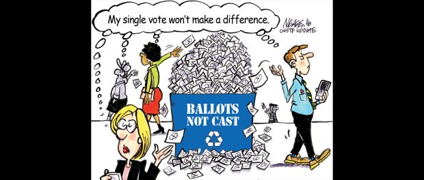 Cartoon illustration of people walking by a recycling bin labelled Ballots Not Cast