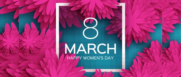 Image displaying the date March 8 and Happy Women's Day surrounded by pink flowers