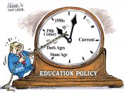Cartoon illustration of a large analogue clock with with Doug Ford trying to pull it backwards