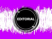 Graphic of sound waves with a black circle in the middle with the word editorial