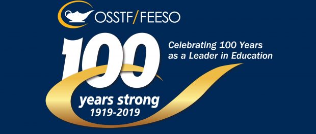 Image of the OSSTF/FEESO 100th anniversary logo in English