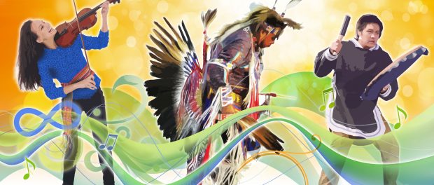 Illustration of FNMI people dancing and playing music
