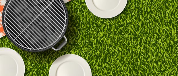 Image of green grass with plates, a grill and a red and white checkered blanket on it.