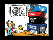 Cartoon: Two people sitting at a table with another saying "I'm ready to bargain in good faith"