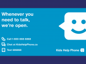Kids help phone logo along with a list of all contact info