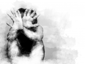 black and white illustration of mans hands trying to protect himself