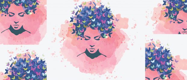 illustration: abstract woman' face with butterflies in her hair.