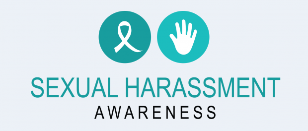 Illustration: Ribbon and hand with the words "Sexual Harassment Awareness"