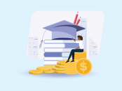 Illustration of a girl sitting on very large school books and coins.