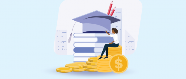 Illustration of a girl sitting on very large school books and coins.