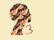 Illustration of a woman's head silhouette filled with images of women from other ethnicities