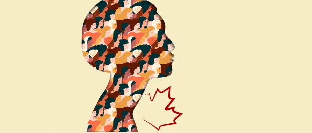 Illustration of a woman's head silhouette filled with images of women from other ethnicities