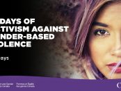 A young woman looks into the camera. The words “16 Days of Activism Against Gender-Based Violence”
