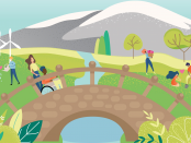 Illustration of people walking in a bright colourful park