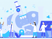 illustration epidemiology concept with scientists, microscope, flasks, microbes, viruses