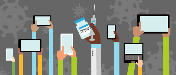 Illustration of arms stretched out upwards holding media devices and one holding a syringe and bottle of the COVID-19 vaccine