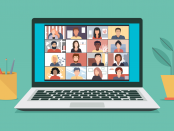Vector graphic of a laptop screen with people meeting online