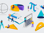 Math lab and school class. Science, education, mathematics scene with miniature people, students. Isometric vector concept design