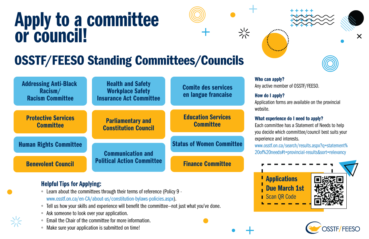 Infographic about Applying to committees and councils rounded blue and yellow squares with names of the committees and councils 