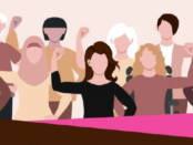 women of different races are standing up with their fist in the air