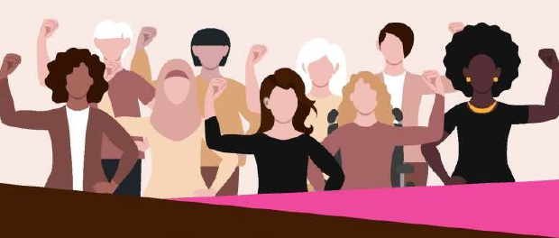 Internation Women's Day women of different races are standing up with their fist in the air