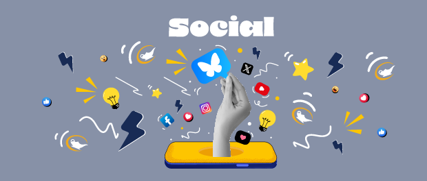 Hand coming out of the phone to grab the new Social Media BlueSky logo