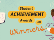 Student Achievement Awards 2026 Winners on a turquoie background with pencil and someone pointing at a light bulb.