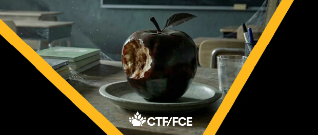 one bite in an old apple, dark scene. CTF/FCE logo