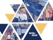 Triangles with pictures of Members and OSSTF/FEESO flag in them.