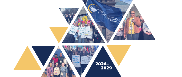 Triangles with pictures of Members and OSSTF/FEESO flag in them.