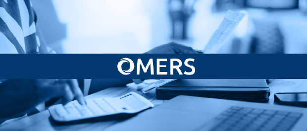 Picture of someone using the calculator, shade of blue, with OMERS logo on top.