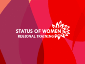 Colourful flames in the background with Status of Women logo in white