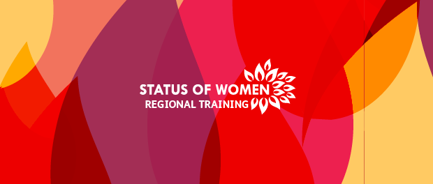 Colourful flames in the background with Status of Women logo in white