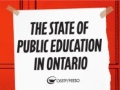 Graphic of a piece of paper on top of red lockers that says `The State of Public Education in Ontario'