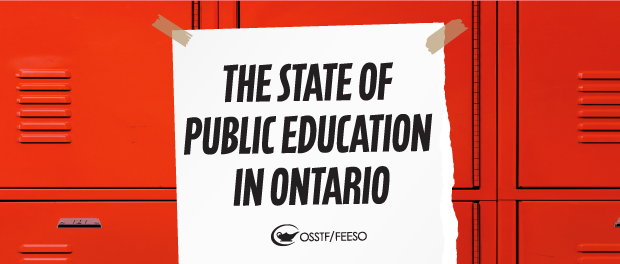 Graphic of a piece of paper on top of red lockers that says `The State of Public Education in Ontario'