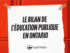 Graphic of a piece of paper on top of red lockers that says `The State of Public Education in Ontario' IN FRENCH