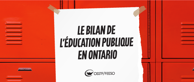 Graphic of a piece of paper on top of red lockers that says `The State of Public Education in Ontario' IN FRENCH