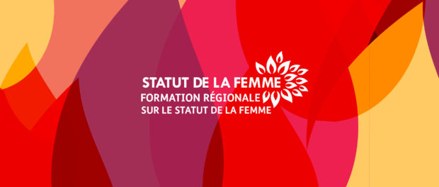 Colourful flames in the background with Status of Women logo in white in french
