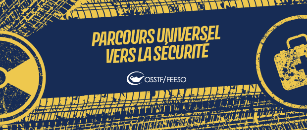 french- Universal Road to Safety. Graphics of tires marks with safety labels all in blue and yellow