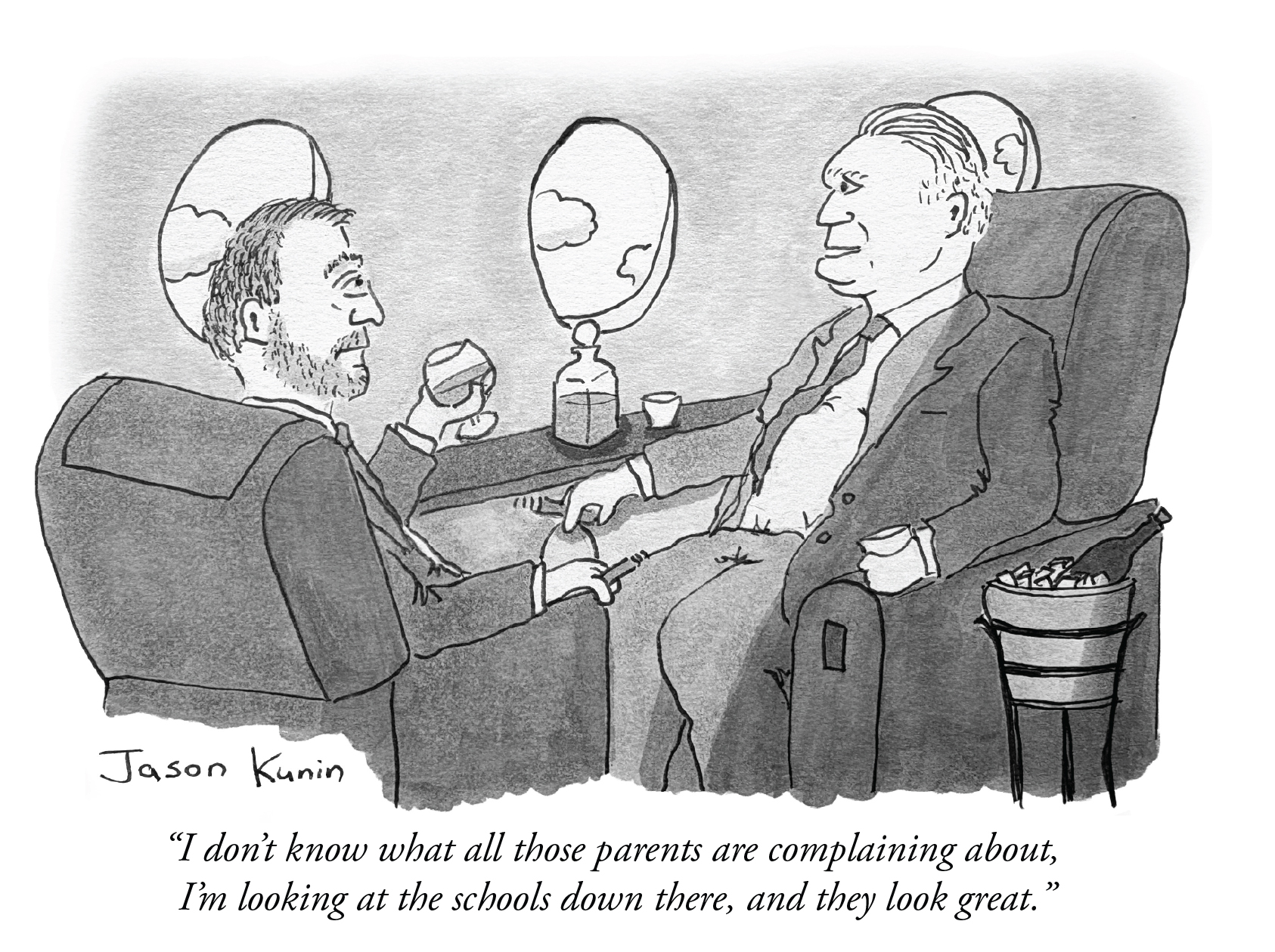 Illustration from Jason Kunin, Ford sitting in his new private plane looking down at the schools: "I don’t know what all those parents are complaining about, "I’m looking at the schools down there, and they look great.”