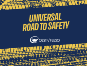 Universal Road to Safety. Graphics of tires marks with safety labels all in blue and yellow