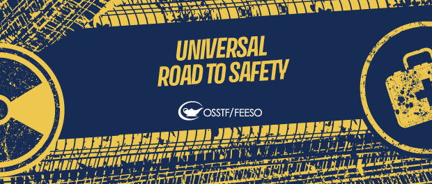 Universal Road to Safety. Graphics of tires marks with safety labels all in blue and yellow
