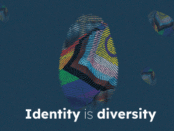 Finger prints with the PRIDE flag in netween the line, and below it says Identity is Diversity
