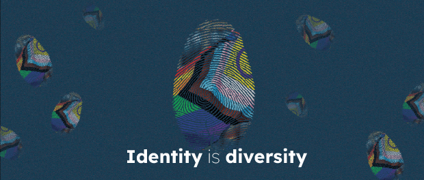 Finger prints with the PRIDE flag in netween the line, and below it says Identity is Diversity