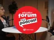 OSSTF/FEESO President Martha Hradowy in conversation with Allison Cillis, around a table, in our Education Forum Podcast setting.
