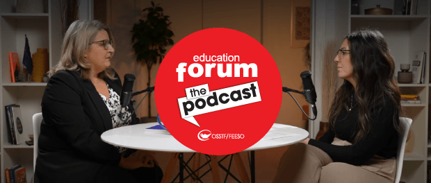 OSSTF/FEESO President Martha Hradowy in conversation with Allison Cillis, around a table, in our Education Forum Podcast setting.