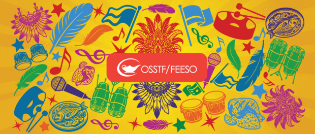 Yellow background with fun graphic element that represents a carnival. With OSSTF logo centred in the middle.